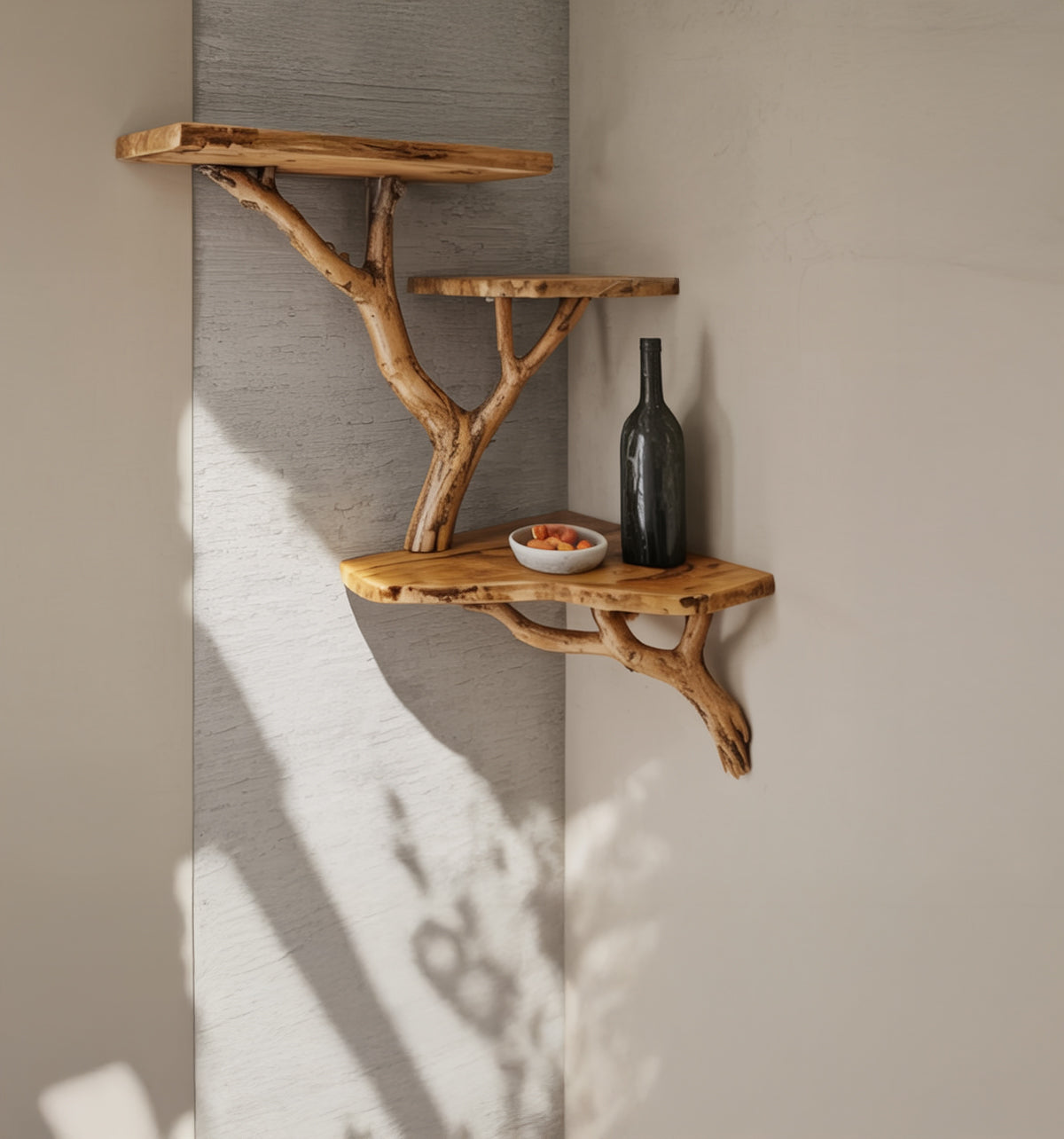 Handcrafted Driftwood Tree Branch Corner Bookshelf – Solid Wood Floating Shelf
