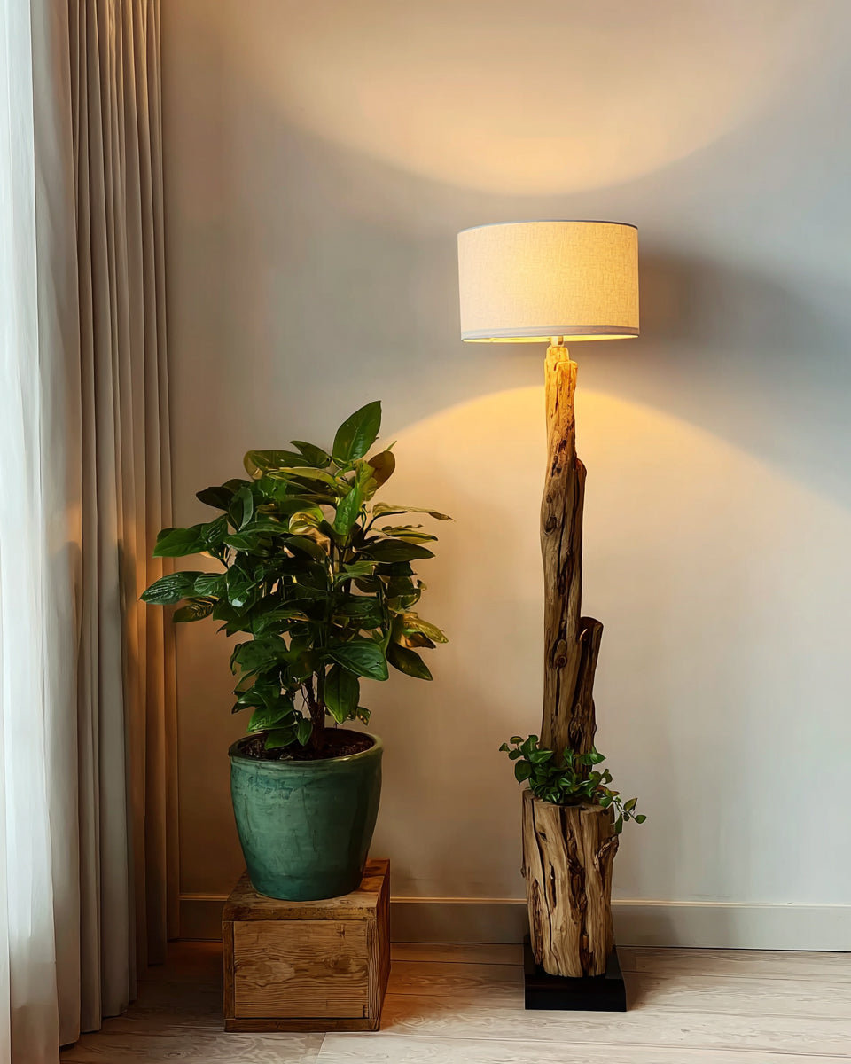 Rustic Driftwood Standing Tree Lamp – Handmade Wooden Floor Light with Rattan Lampshade