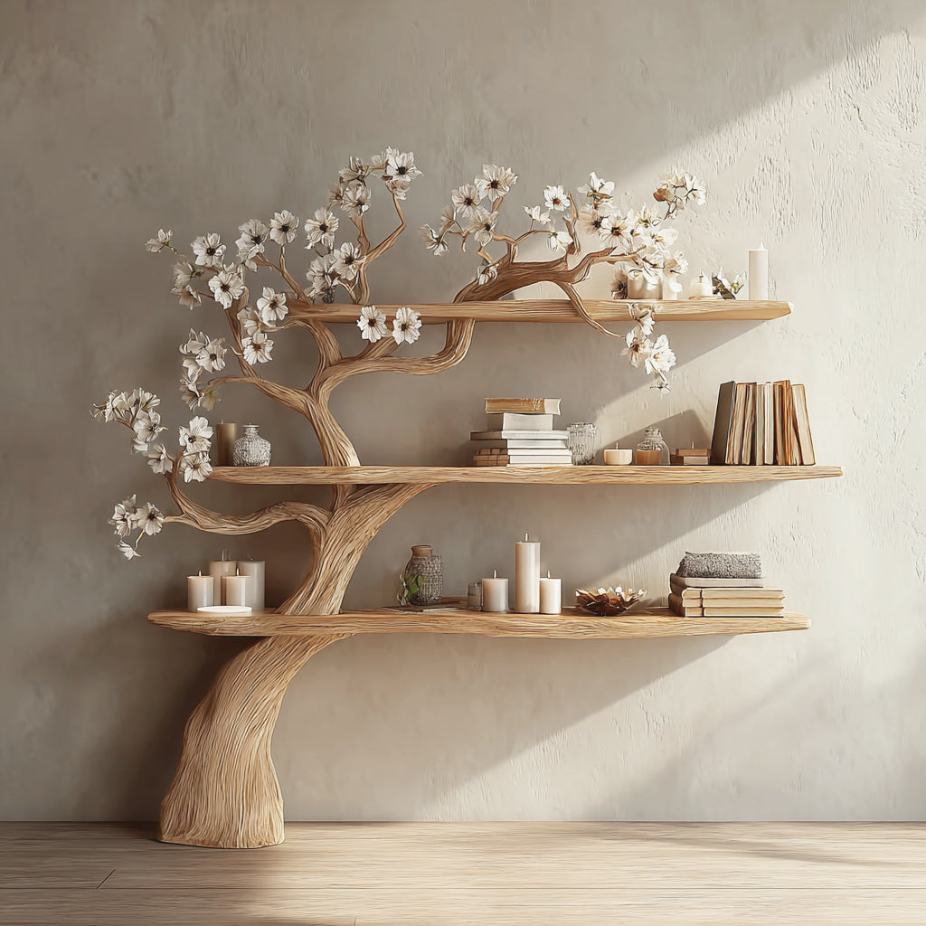 Rustic Tree Branch Bookshelf – Floating Wall Shelf for Living Room