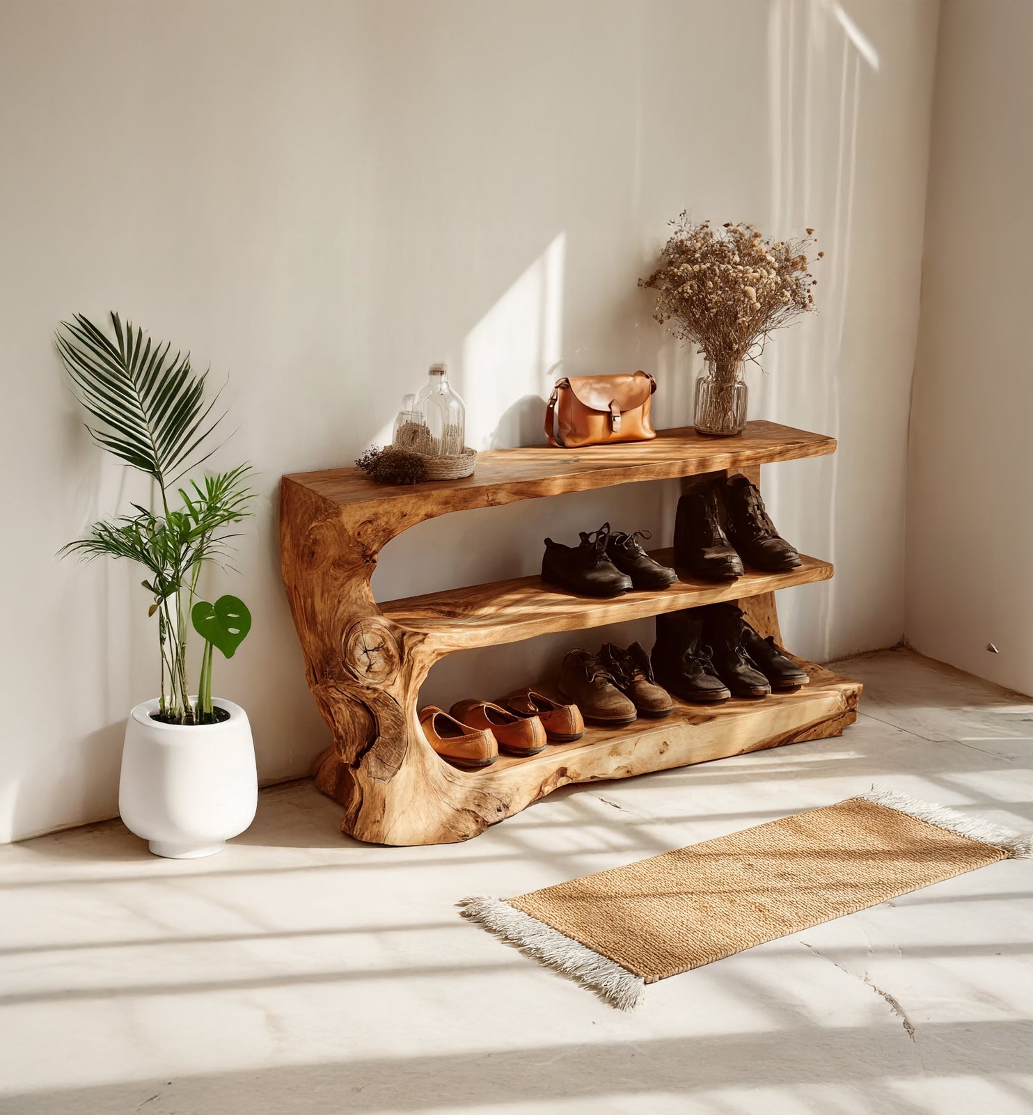 Mid Century Entryway Shoe Storage – Solid Wood Shoe Rack, Narrow Entryway Bench