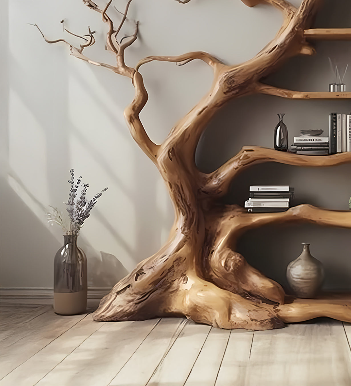 Driftwood Tree Branch Bookshelf – Wooden Wall Mount Shelf Home Decor