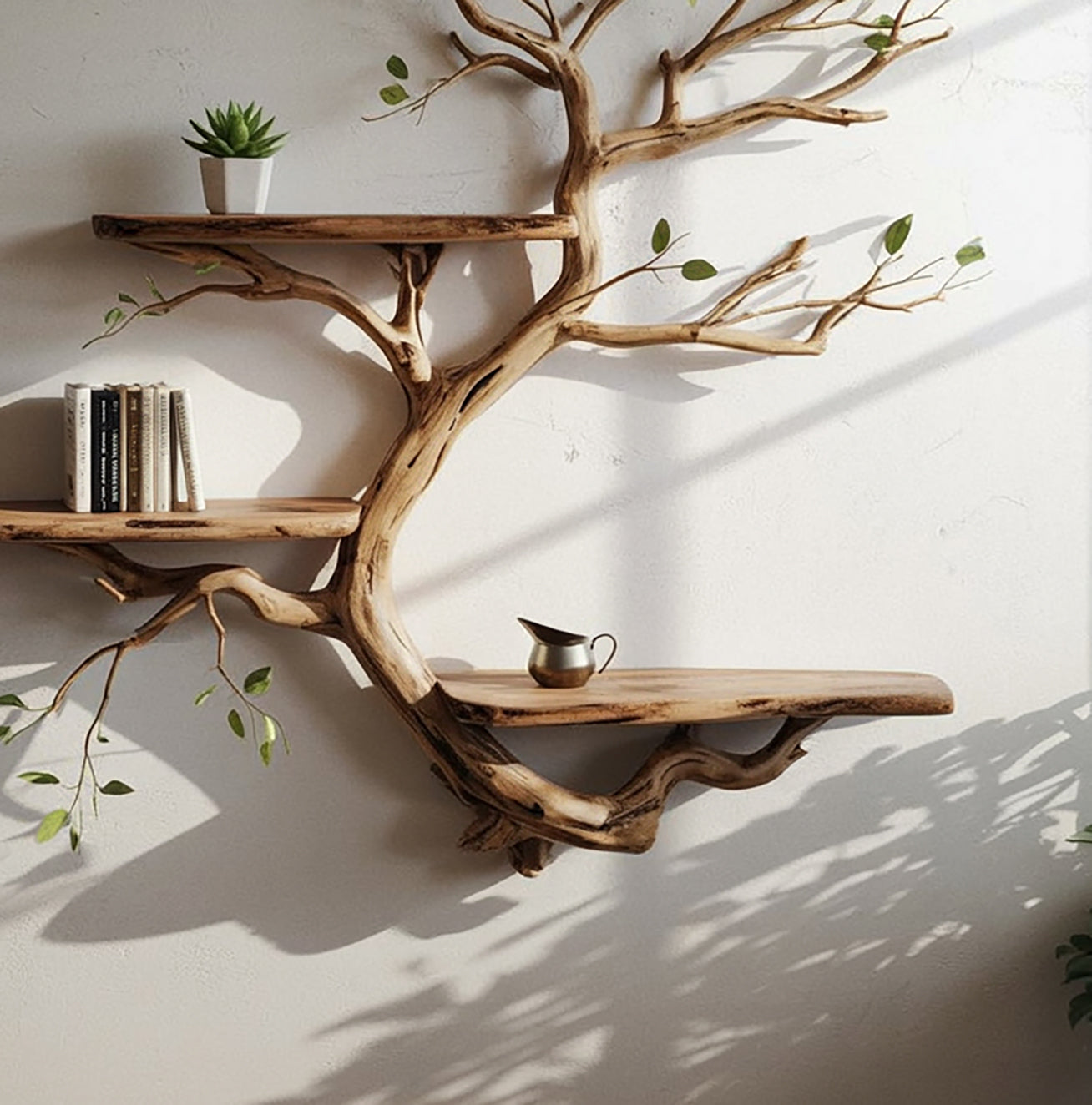 Live Edge Floating Bookshelf – Wall Mounted Solid Wood Driftwood Art Bookcase