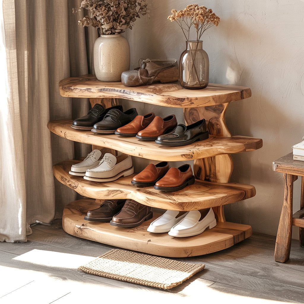 Handcrafted Live Edge Wooden Shoe Rack – Rustic Solid Wood Organizer