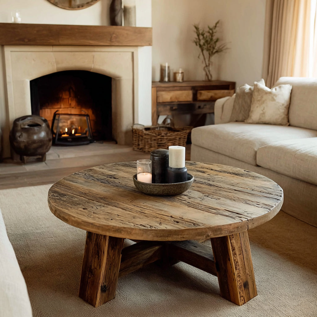 Round Oak Coffee Table – Rustic Reclaimed Wood Farmhouse Furniture