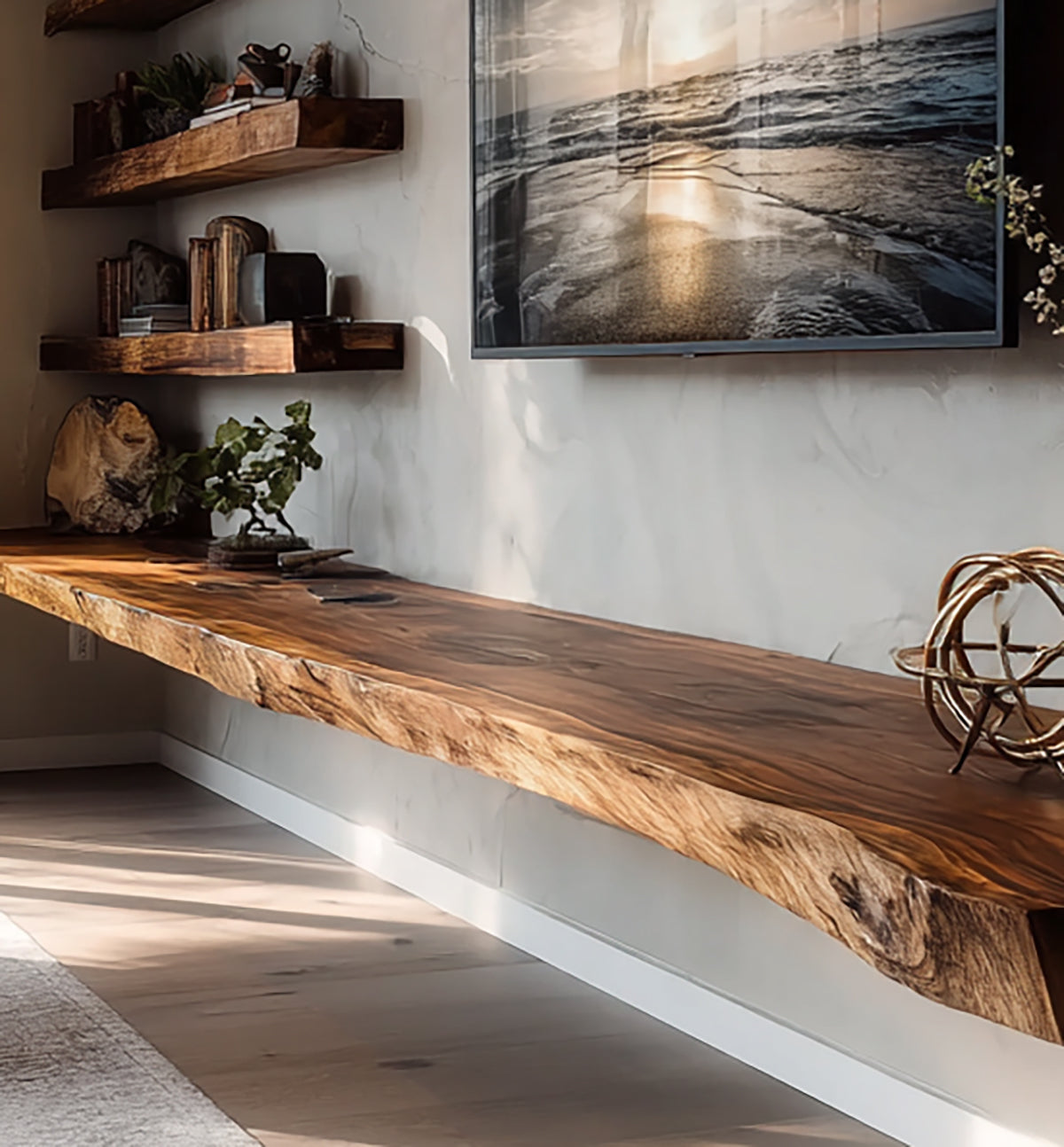 Rustic Live Edge TV Stand – Solid Walnut Floating Console & Handmade Wood Media Cabinet