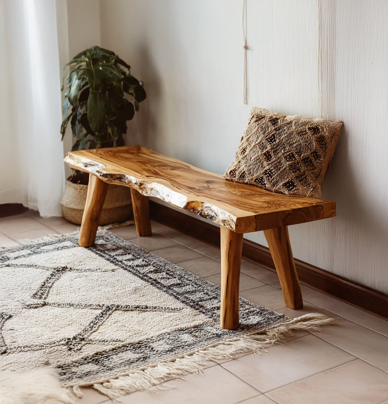 Live Edge Acacia Wood Bench: Rustic Modern Entryway Accent