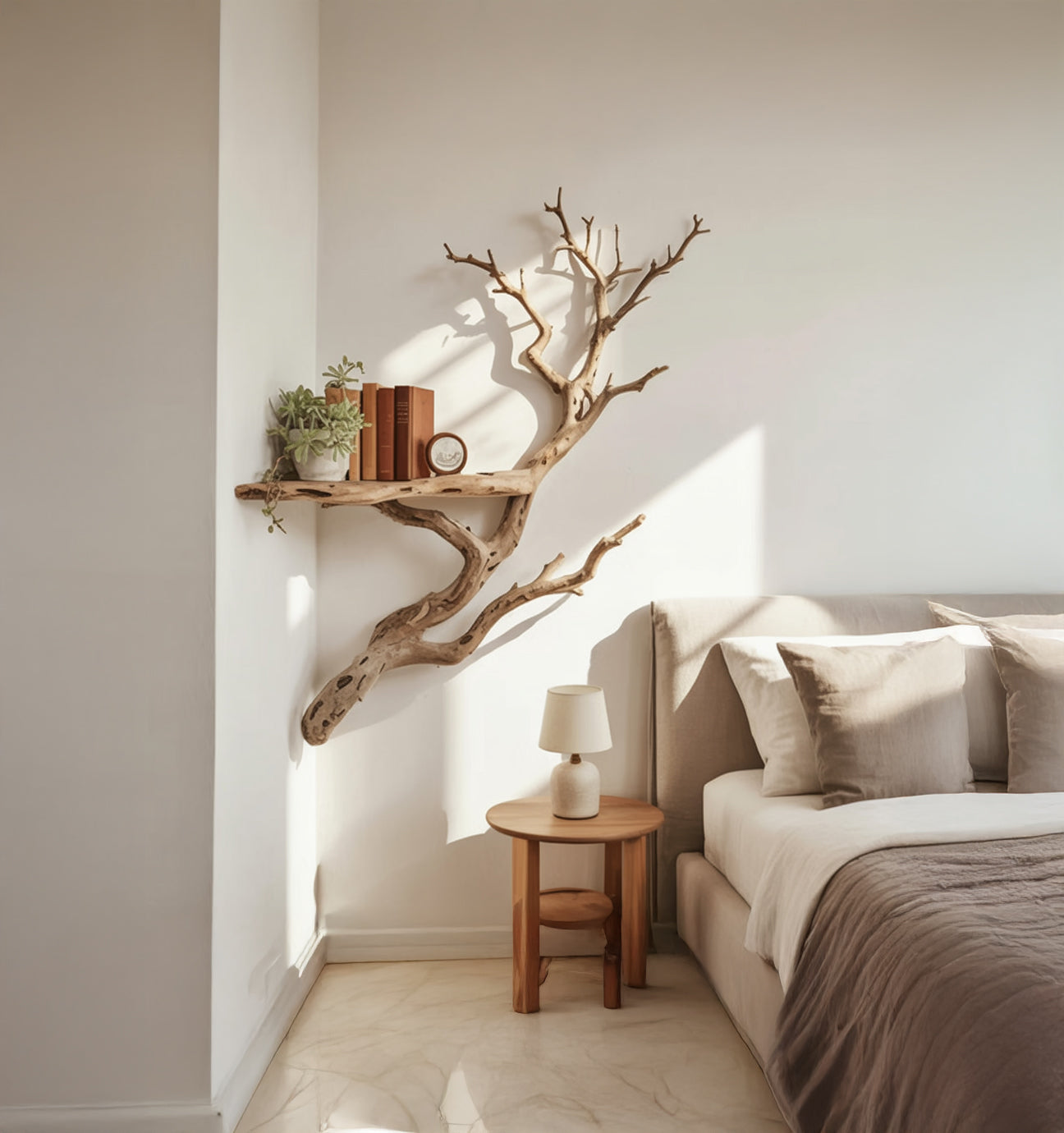 Driftwood Book Shelf On Wall Art Custom Tree Branch Corner Floating Shelves Decor