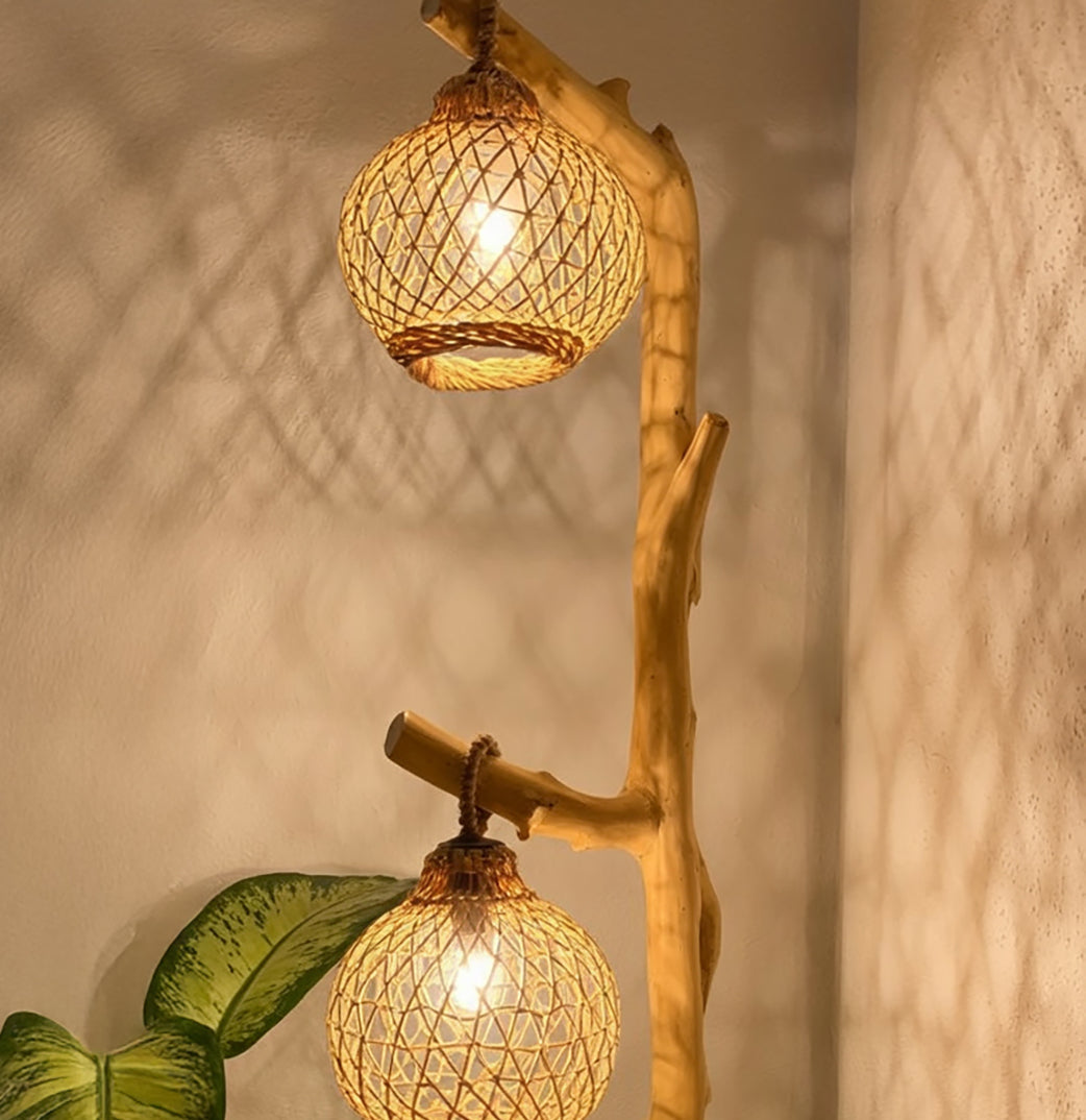 Rustic Wood Floor Lamp – Handmade Driftwood Tree Branch Light with Rattan Lampshade
