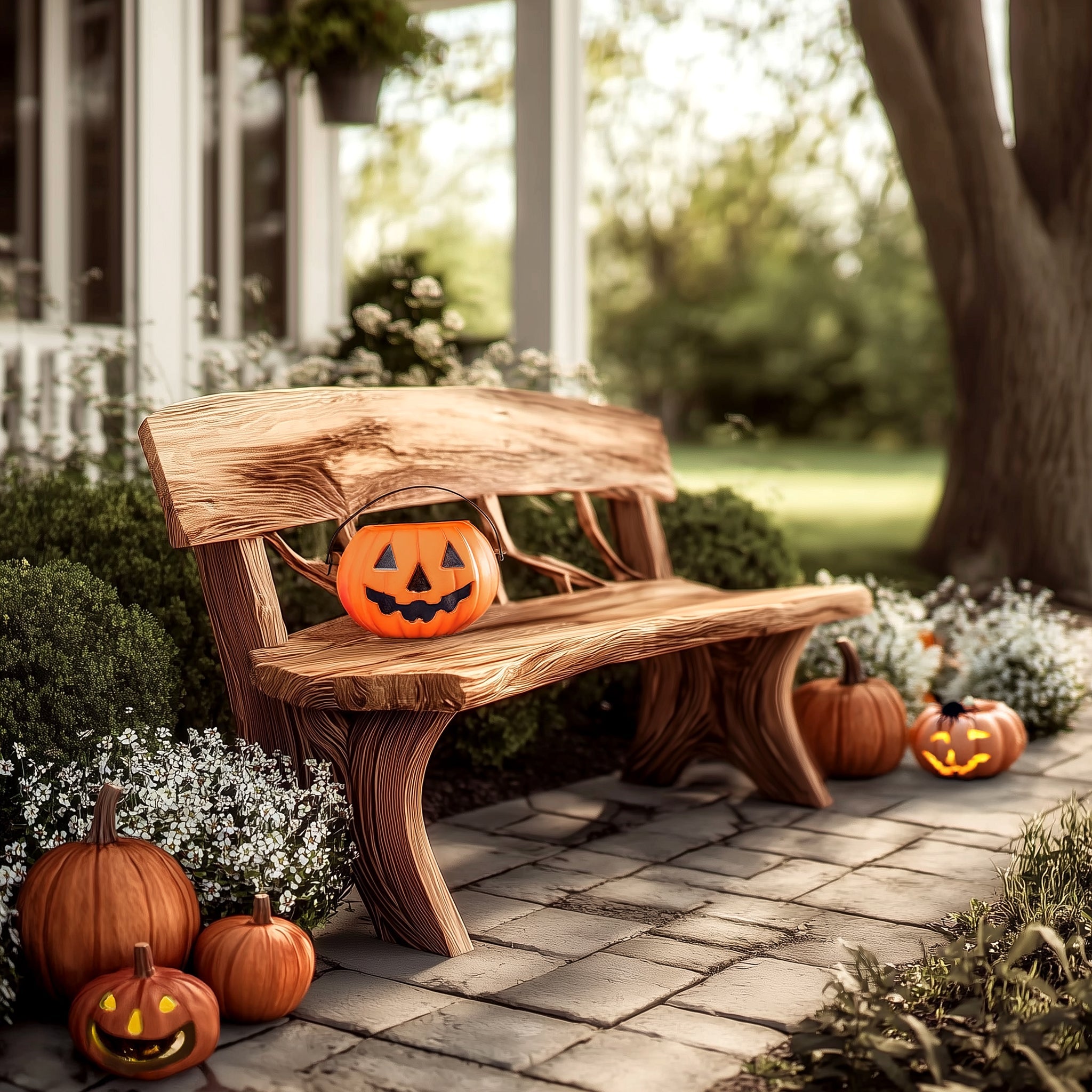 Rustic Live Edge Outdoor Bench – Curved Wood Garden Bench for Patio Seating