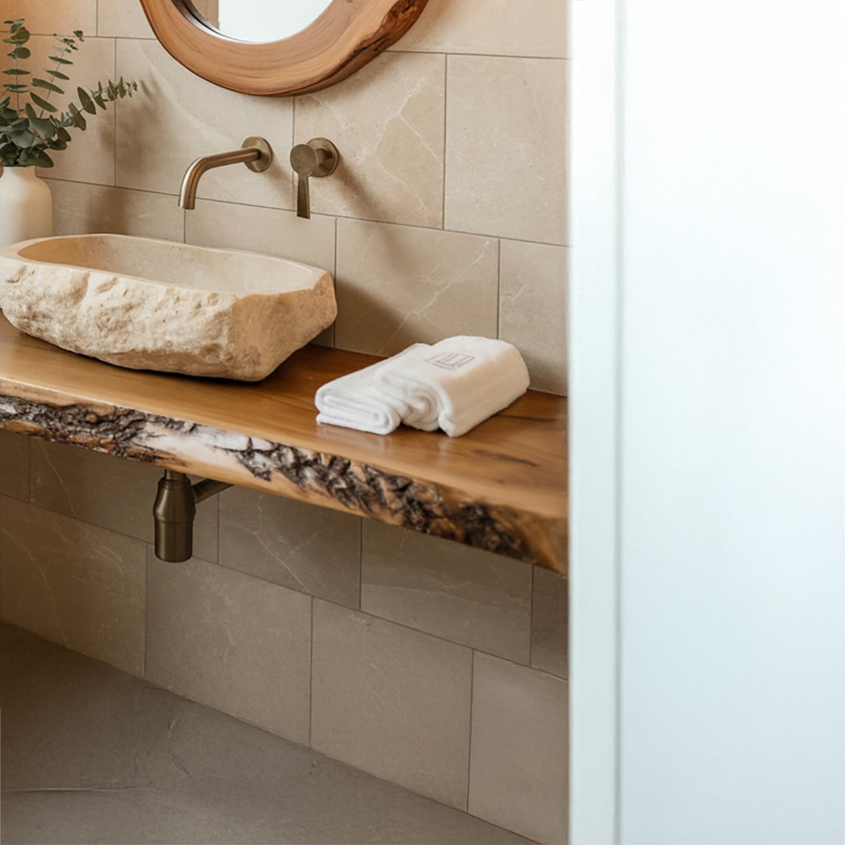 Solid Wood Floating Bathroom Vanity – Rustic Live Edge Handcrafted Sink Shelf