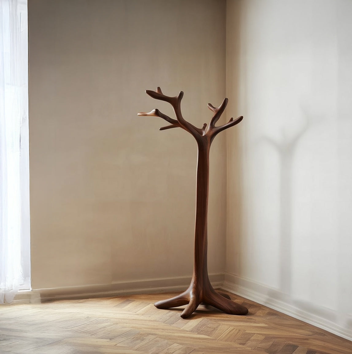 Artisanal Tree Branch Coat Rack – Hand-Sculpted Solid Wood Stand