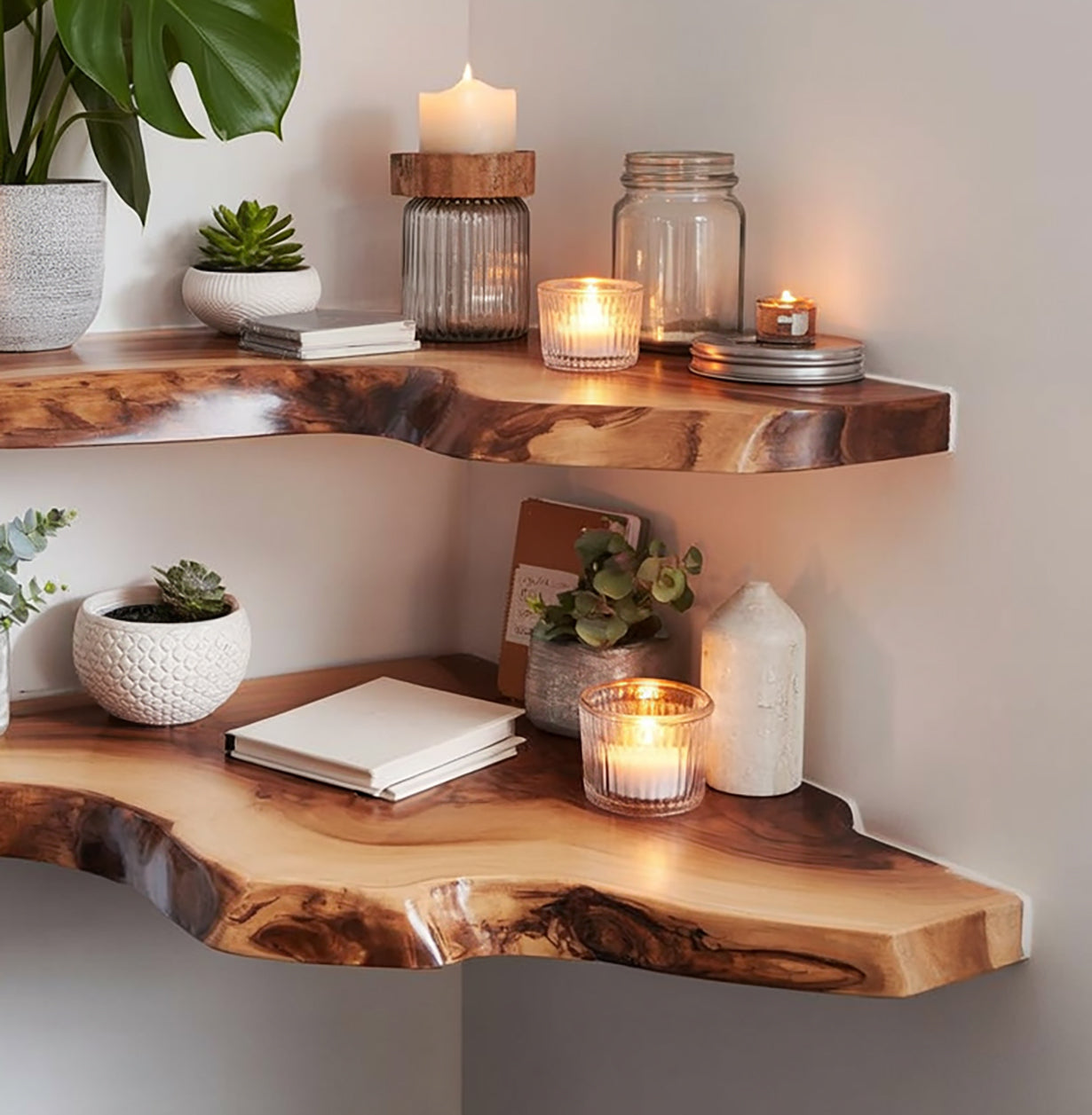 Solid Wood Corner Floating Shelf – Rustic Live Edge Wall Decor for Living Rooms