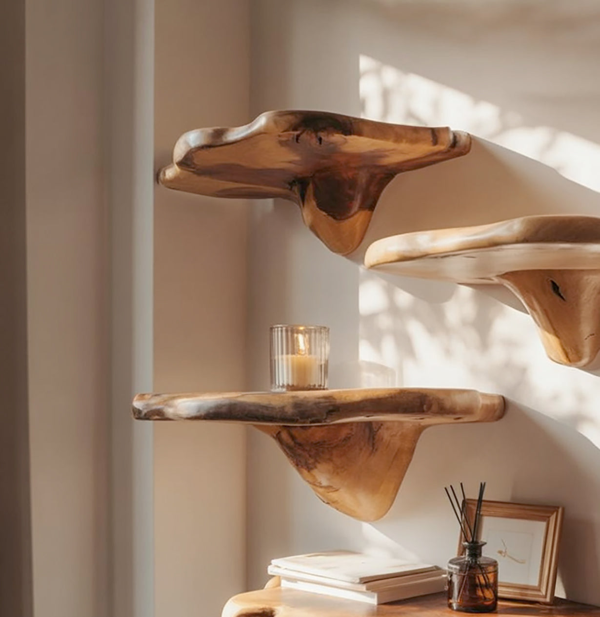 Handcrafted Mushroom Floating Shelves – Solid Wood Decor for Living Room & Nursery