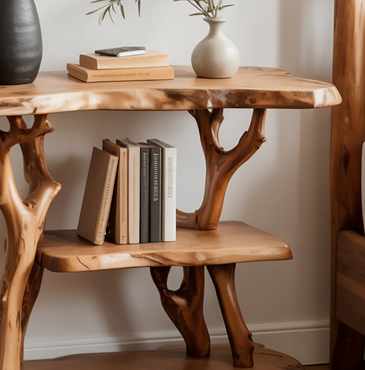 Solid Wood Tree Branch Nightstand – Rustic Free Standing Shelf