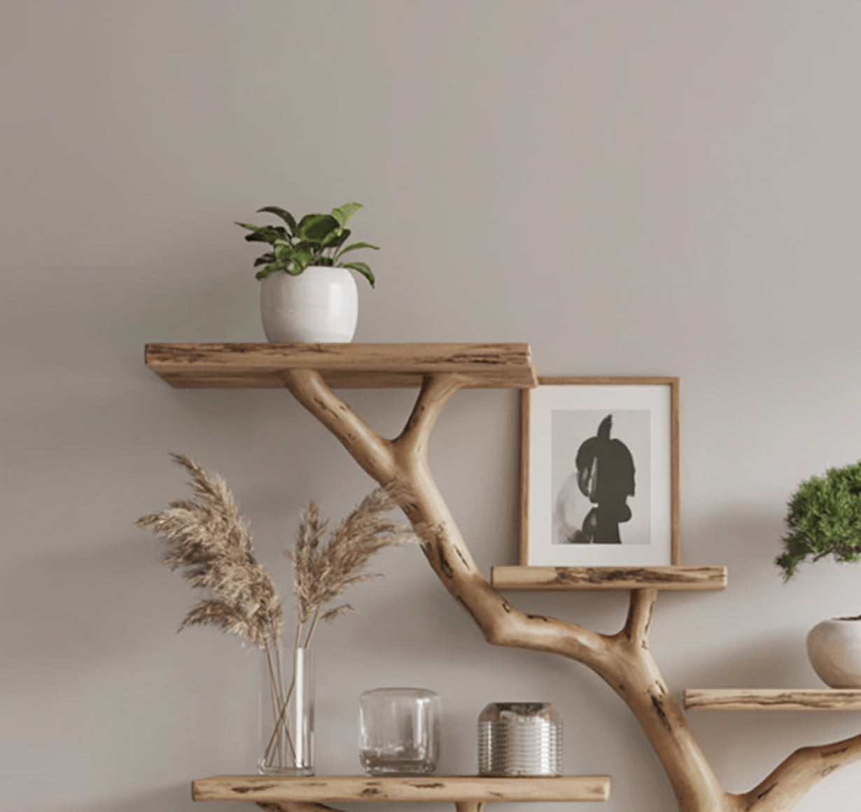 Handcrafted Tree Branch Bookshelf - Natural Wood Floating Shelves - Artistic Wall Decor