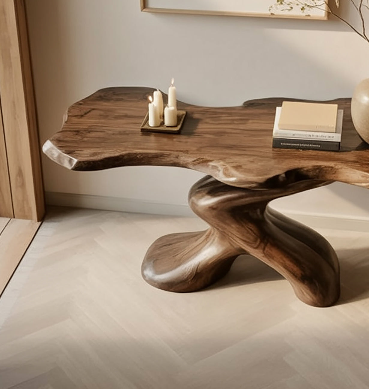 Modern Rustic Solid Wood Console Table – Handcrafted Sculptural Base Hallway & Entryway Table