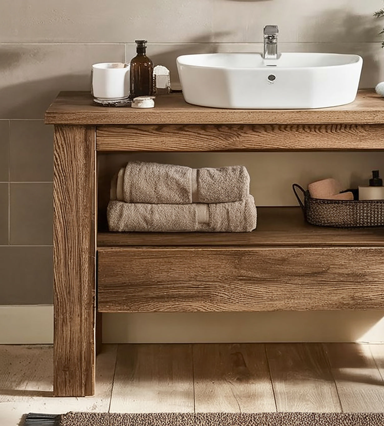 Rustic Solid Wood Bathroom Vanity with Open Storage Shelf Top
