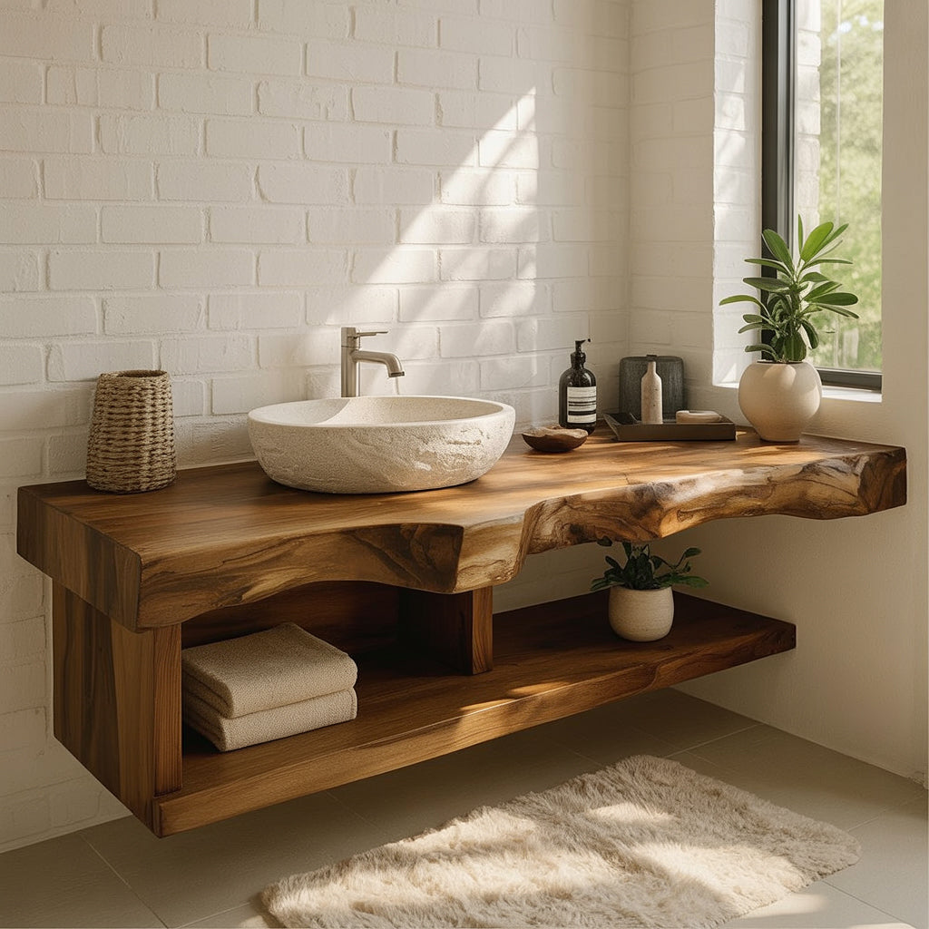 Rustic wooden bathroom vanity with stone vessel sink, modern faucet, plants, and natural light