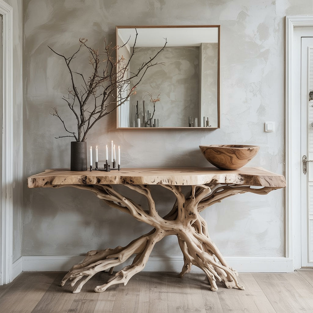 Rustic wooden console table with intricate root design, decorated with candles, branches, and wooden bowl