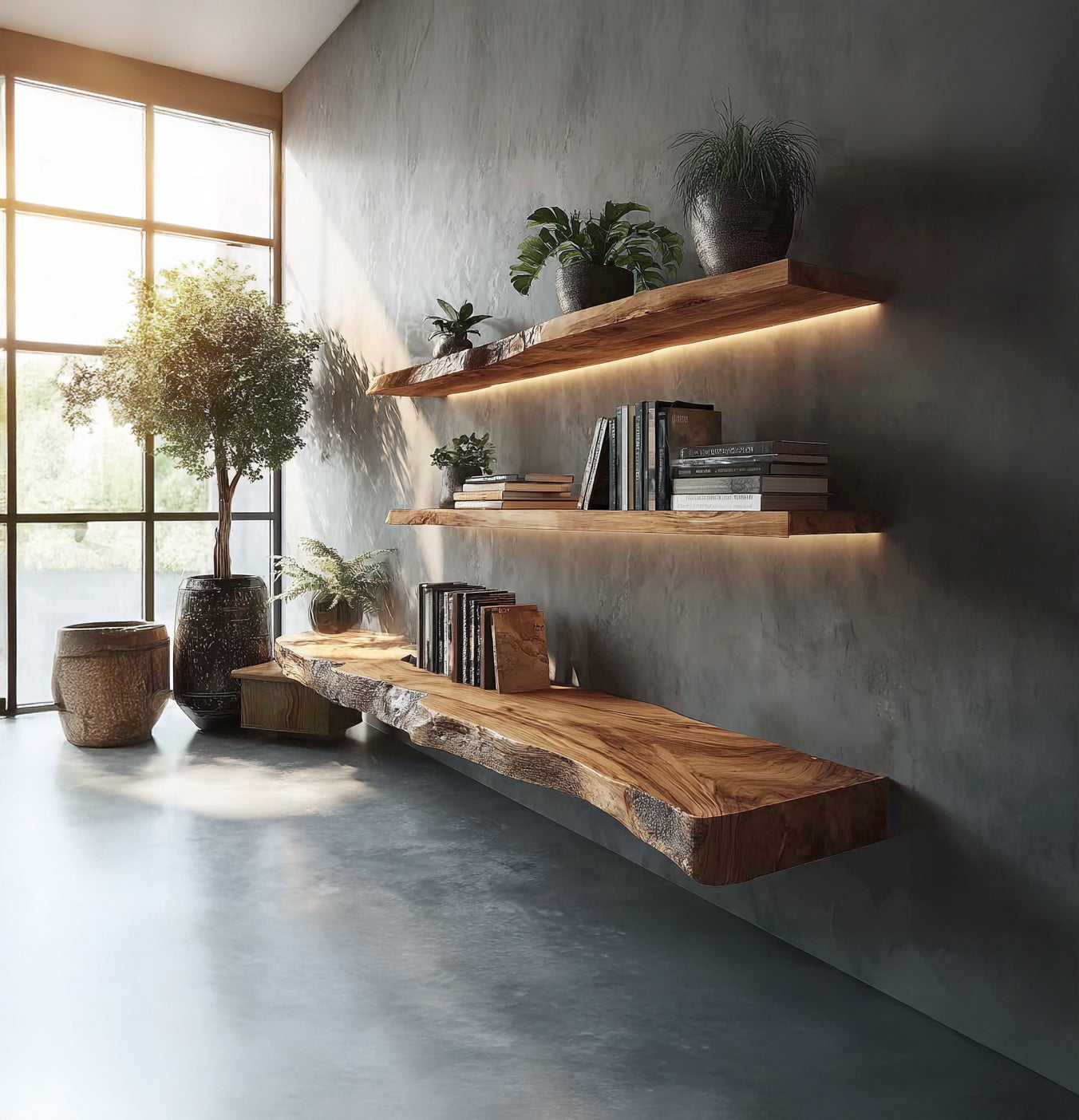 Live Edge Solid Wood Floating Shelves – Rustic Wall Decor for Home Use