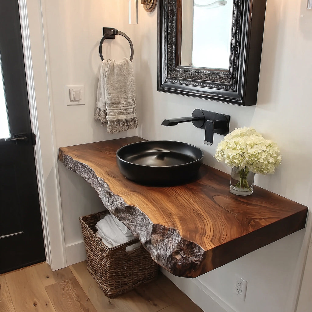Handmade Live Edge Wood Bathroom Vanity – Rustic Floating Sink Shelf