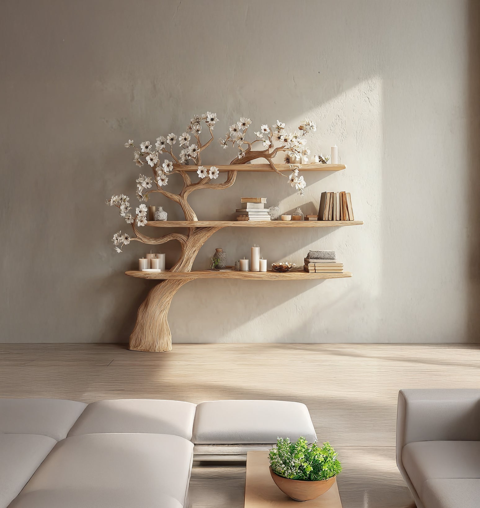 Rustic Tree Branch Bookshelf – Floating Wall Shelf for Living Room