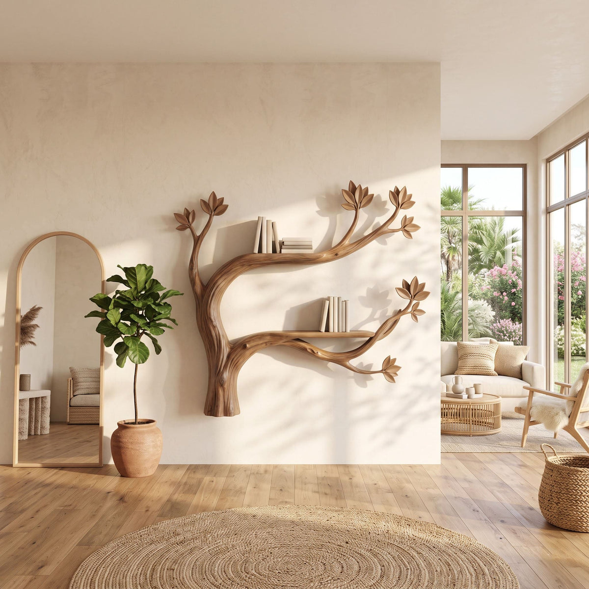 Handcrafted solid wood tree branch wall shelf styled with books in a cozy reading nook
