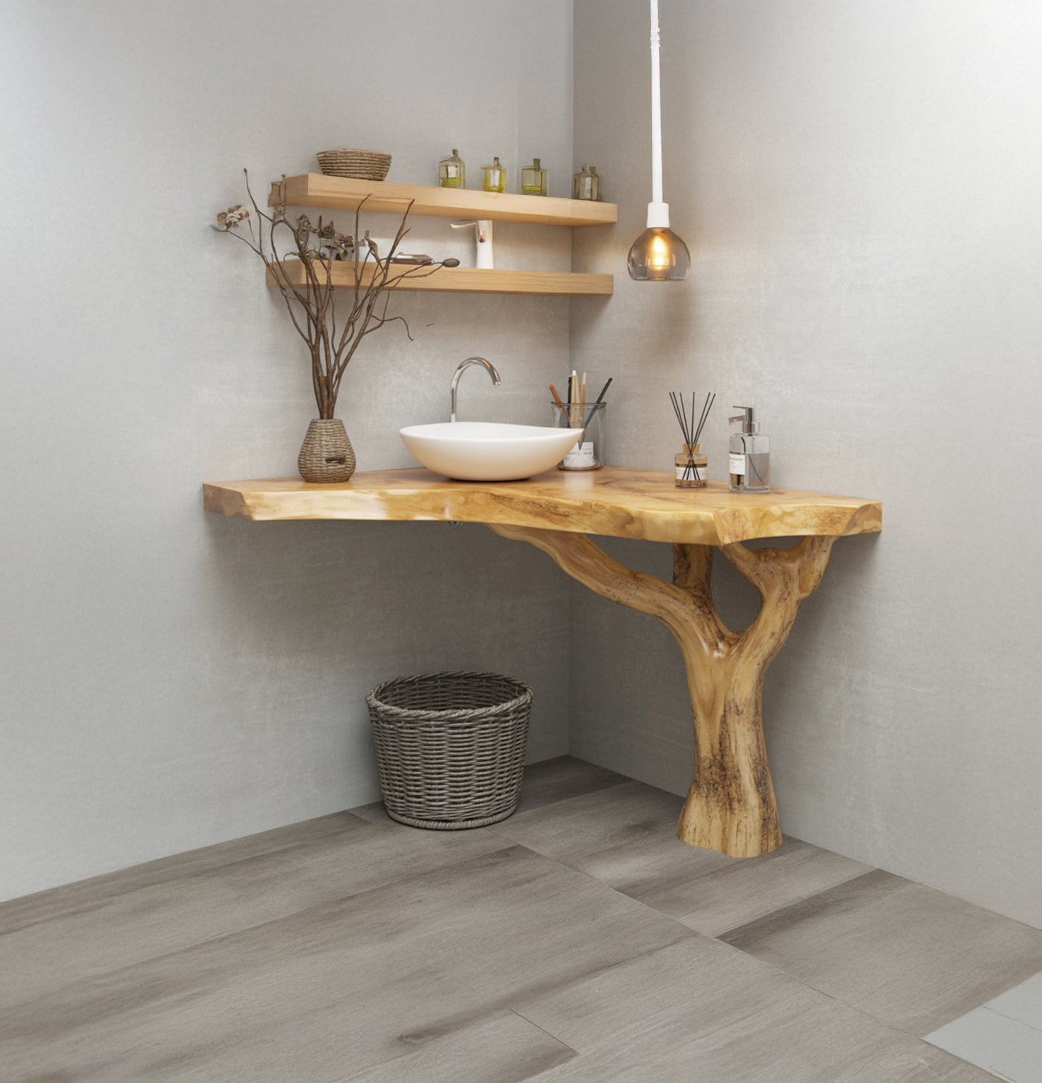 Live Edge Tree Trunk Bathroom Vanity – Solid Wood Corner Console with Branch Leg