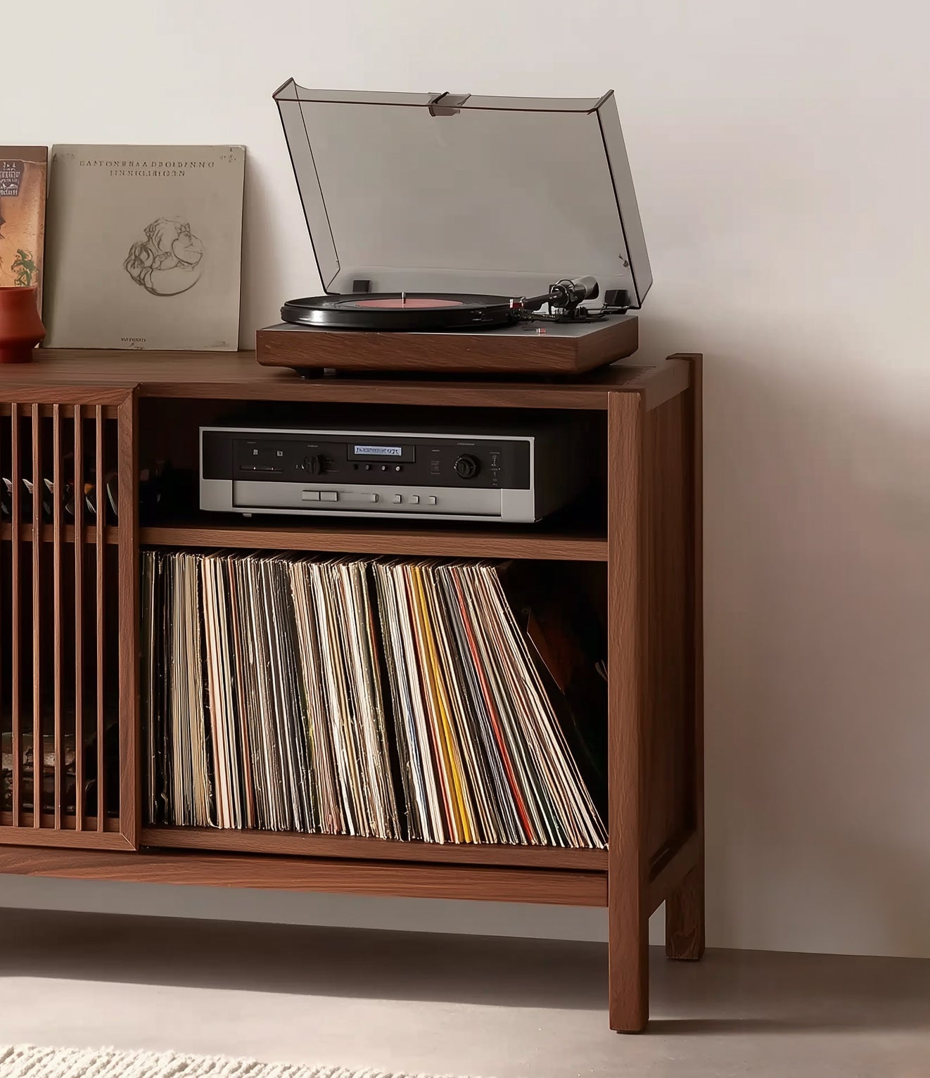 Handcrafted Record Player Stand – Natural Wood Turntable Station with Storage, Customizable Record Cube Organizer