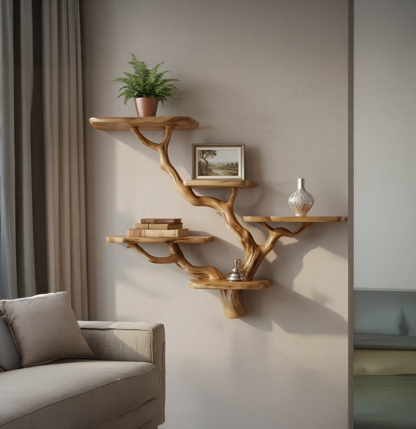 Tree Branch Floating Bookshelf – Solid Wood Driftwood Wall Decor
