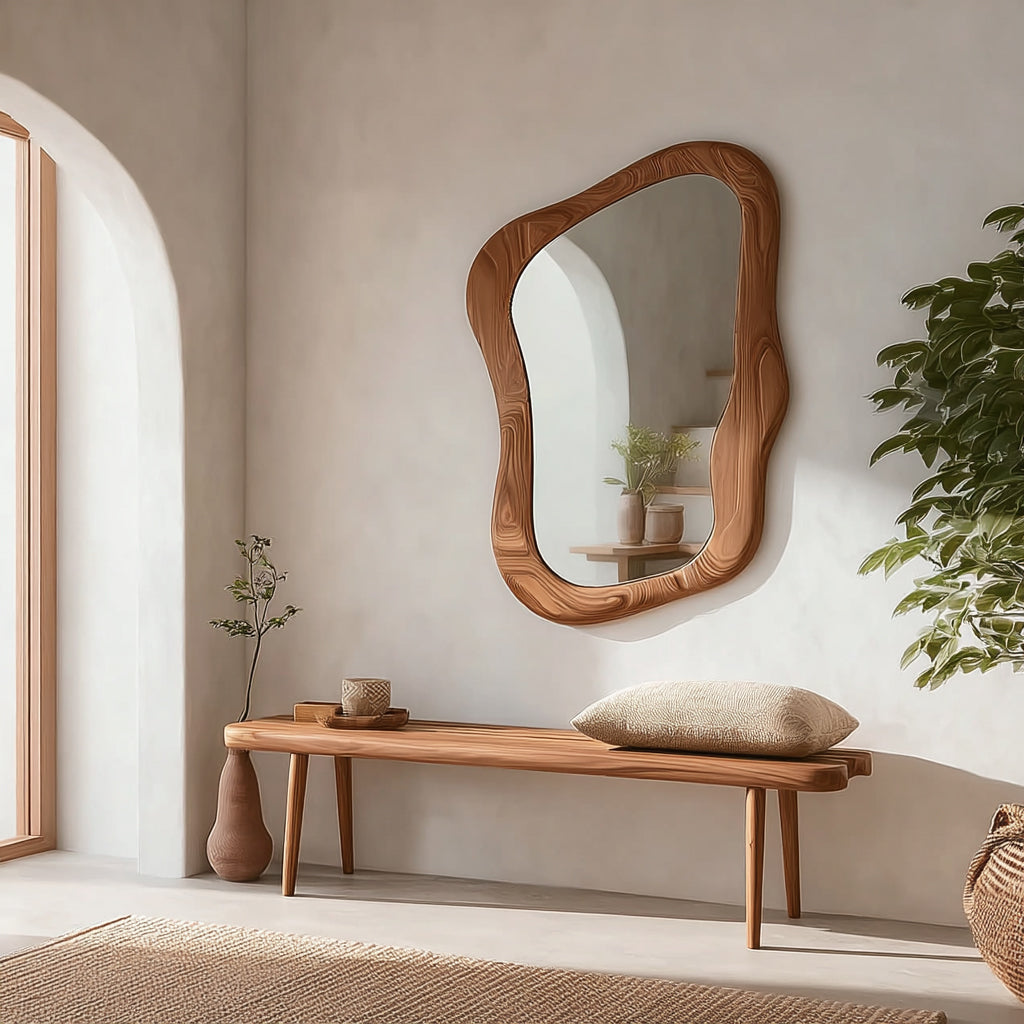 Wood Framed Asymmetrical Large Wall Mirror – Irregular Modern Boho Accent Mirror for Home Decor