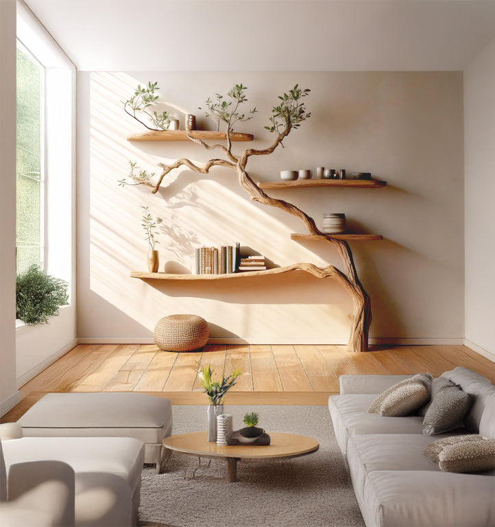 Live Edge Tree Branch Bookcase – Handmade Rustic Floating Wall Bookshelf with Natural Wood Branches