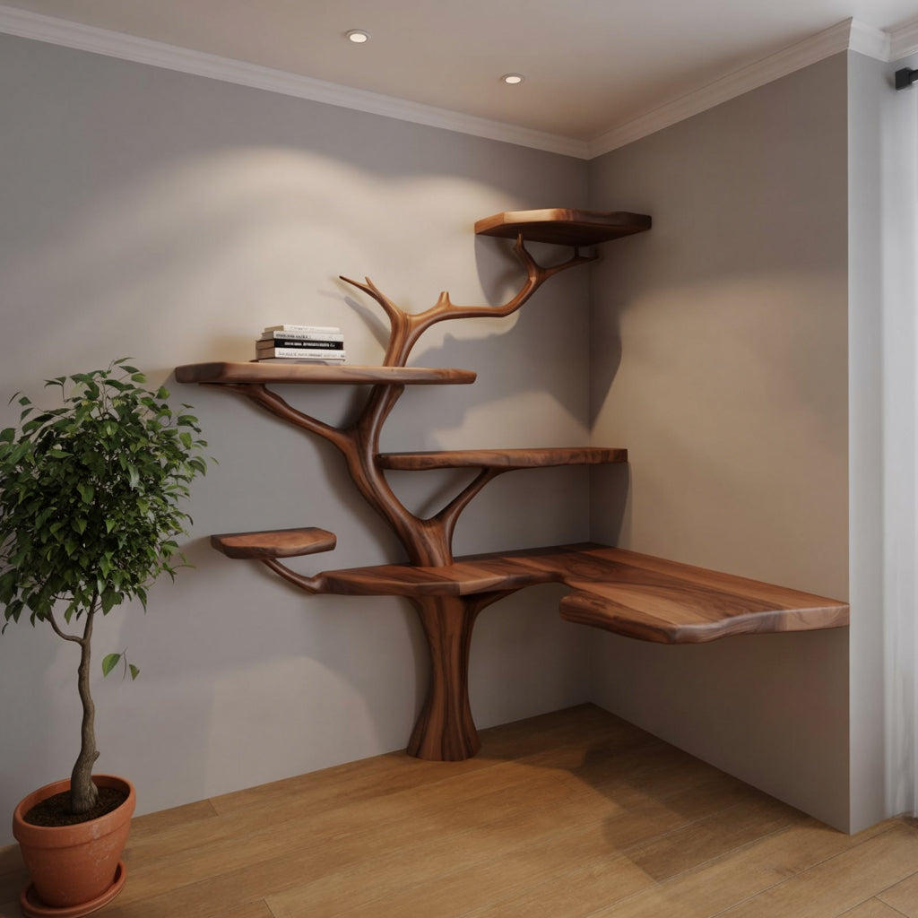 Driftwood Branch Floating Bookshelf Hall Tree With Wood Bench