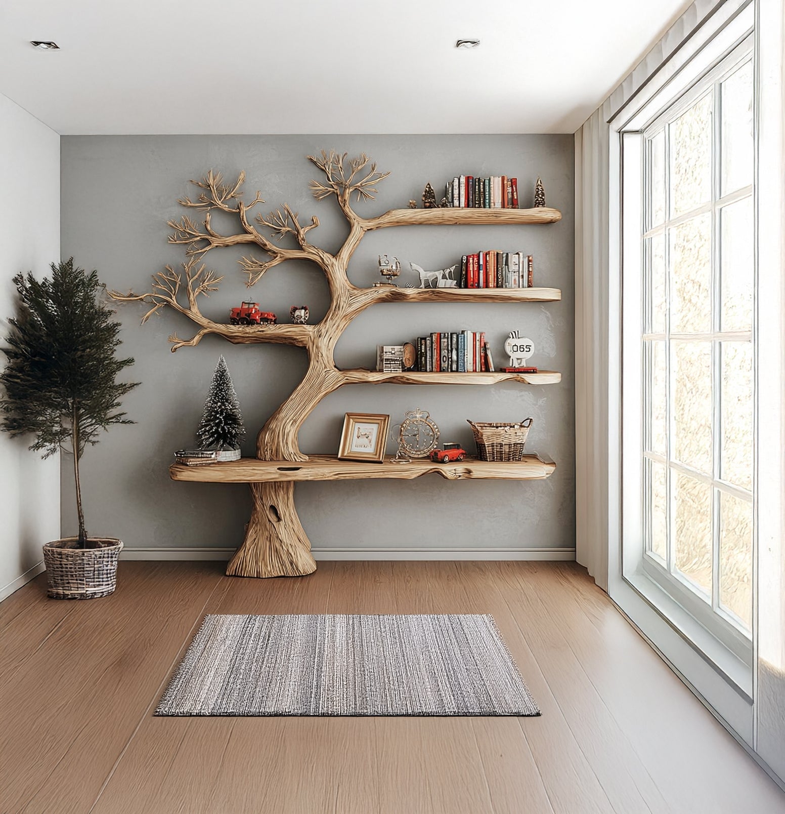 Rustic Tree Shaped Wooden Bookshelf with Branch Design for Living Room or Home Library