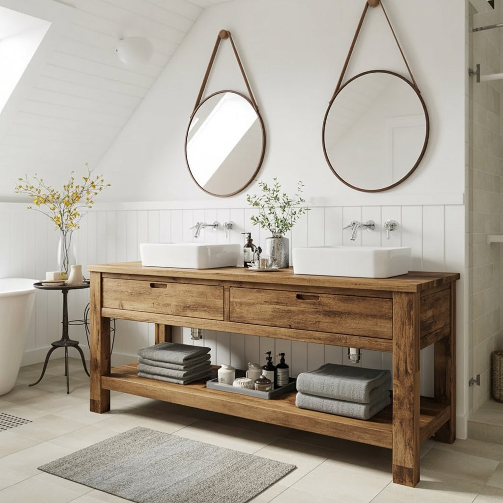 Rustic Reclaimed Wood Floating Bathroom Vanity with Drawers – Farmhouse Double Sink