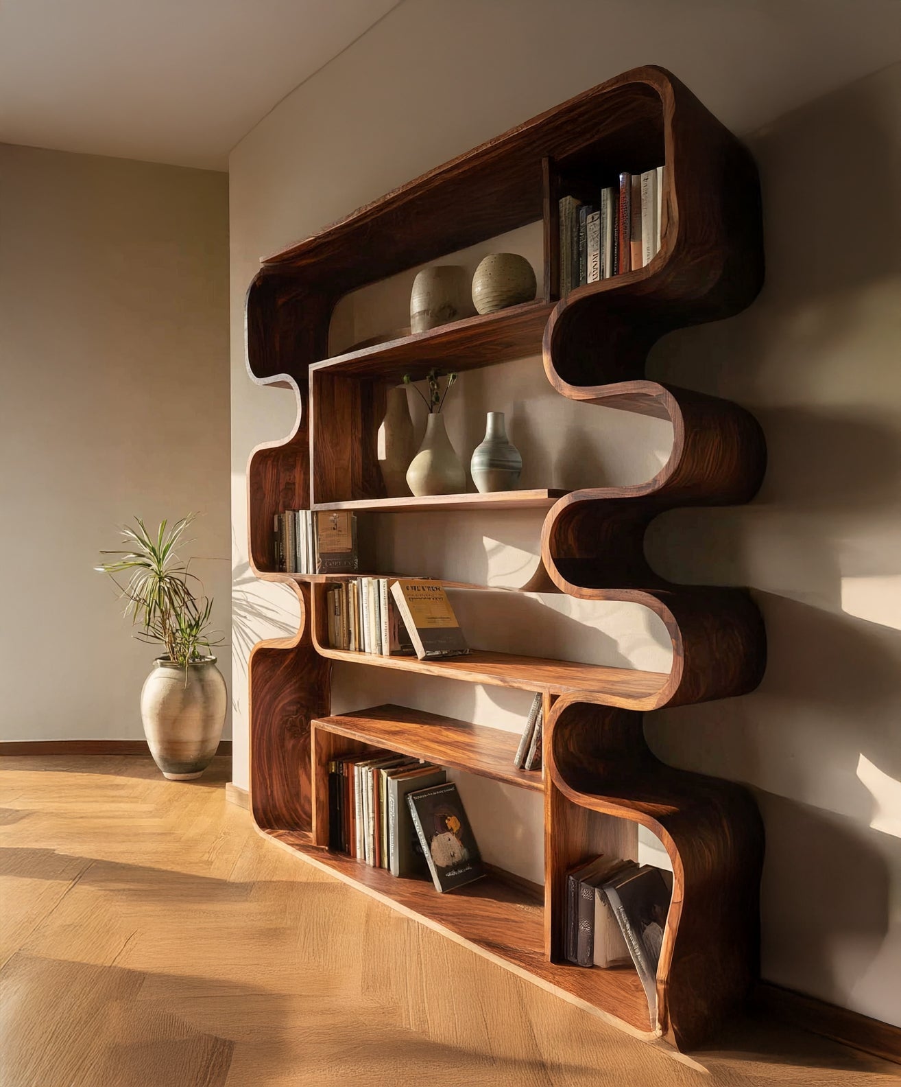 Modern Wooden Bookshelf with Sculptural Curved Design – Contemporary Display Shelf