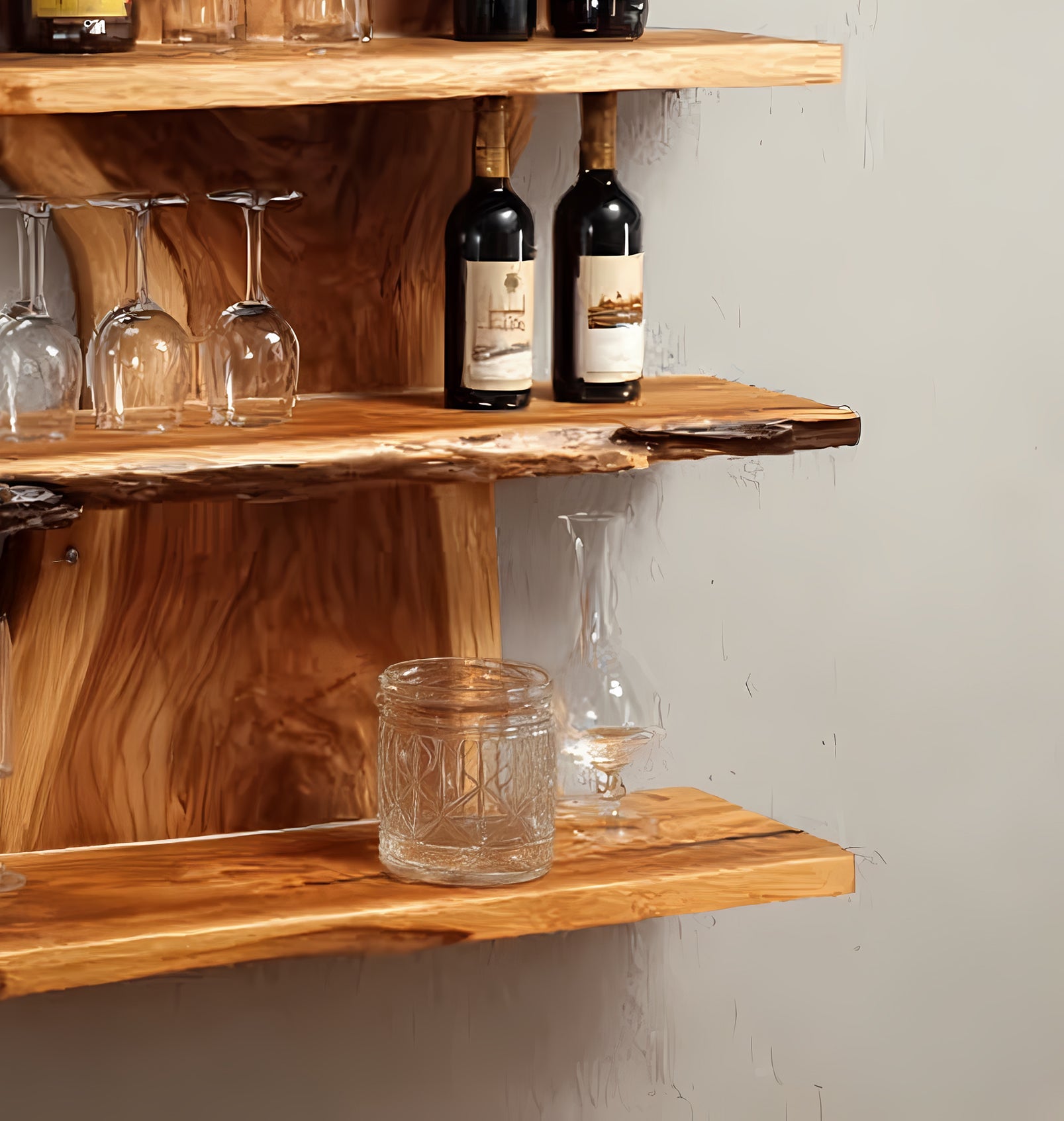 Handcrafted Live Edge Bar Shelf – 3-Tier Wooden Wall Bar, Rustic Floating Shelves for Home Bar Decor