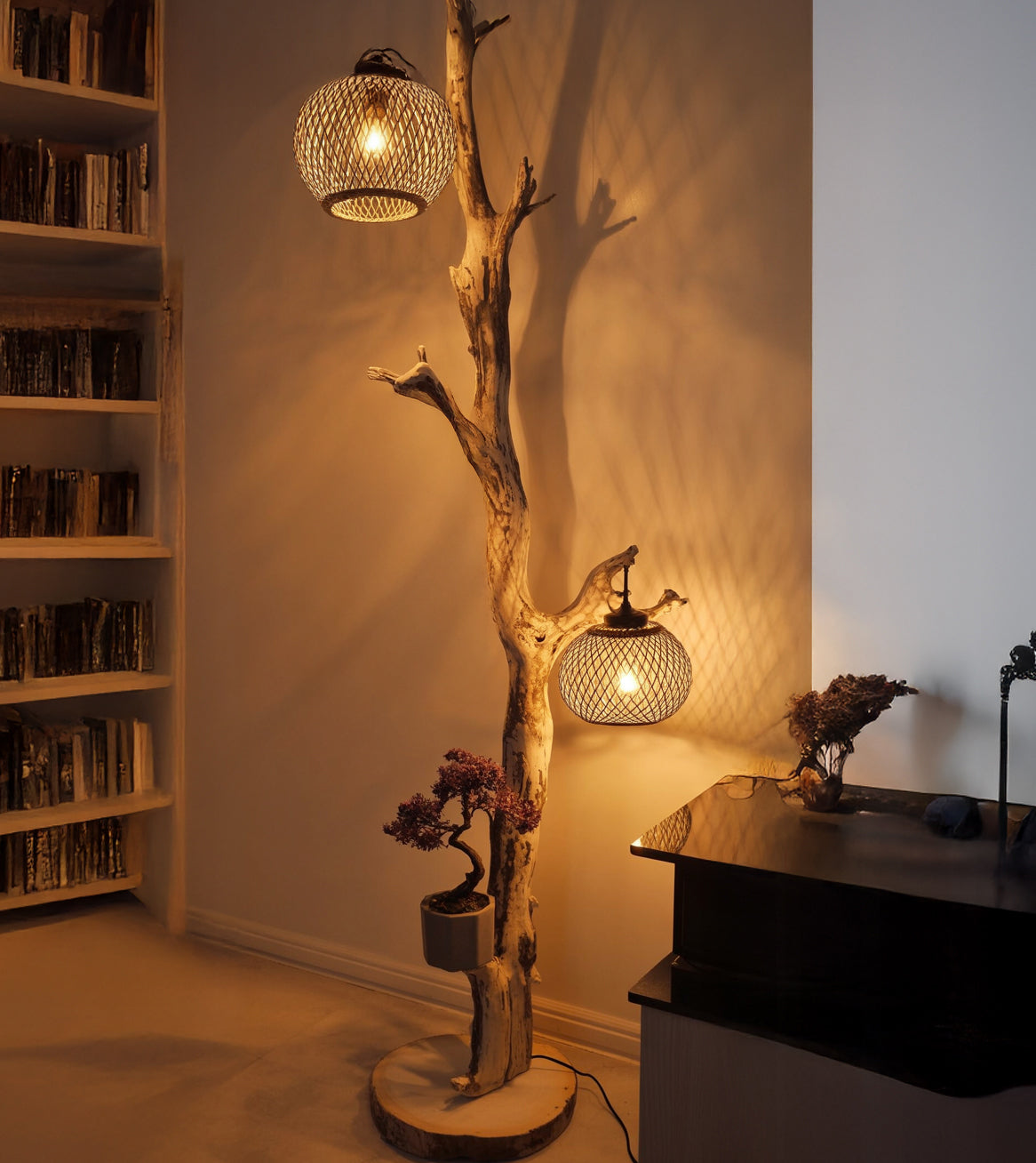 Rustic Driftwood Floor Lamp – Tree Branch Standing Light with Rattan Lampshade, Natural Wooden Lighting