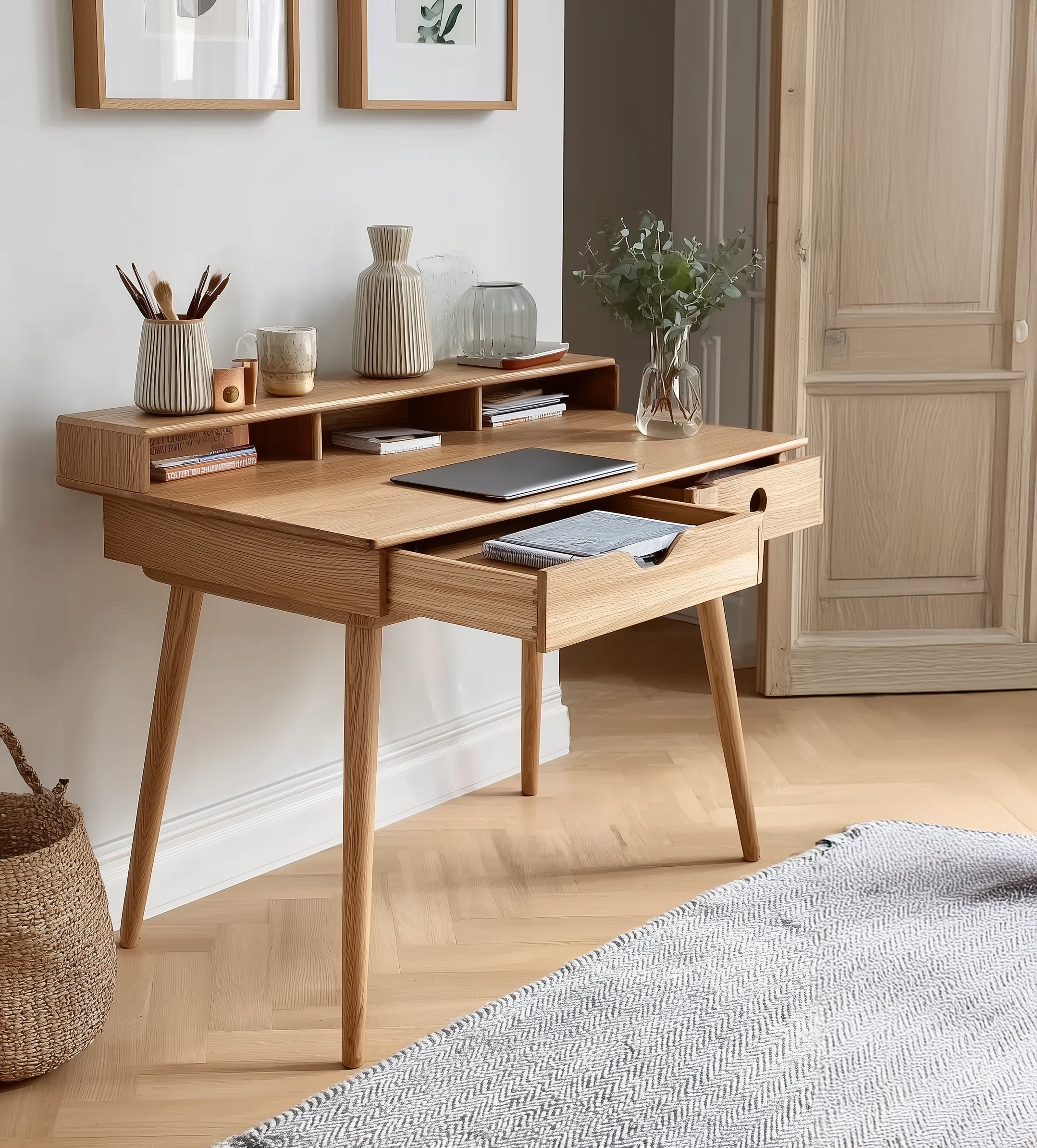 Mid-Century Desk with 2 Storage Drawers – Modern Writing & Study Desk with Rubber Wood Legs