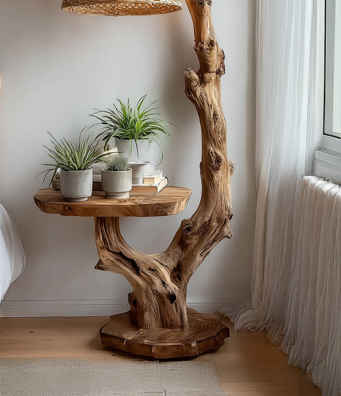 Rustic Driftwood Floor Lamp with Side Table – Solid Wood Standing Light with Rattan Shade