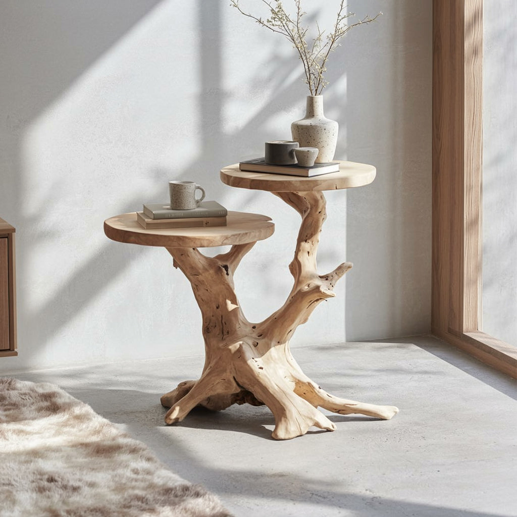 Organic driftwood side table with two round tops in a sunlit minimalist room with concrete floor