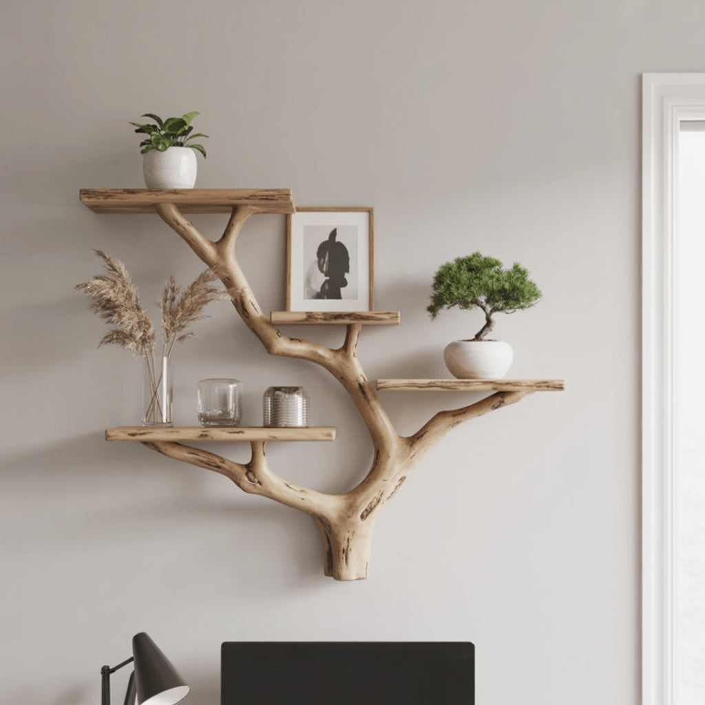 Handcrafted Tree Branch Bookshelf - Natural Wood Floating Shelves - Artistic Wall Decor