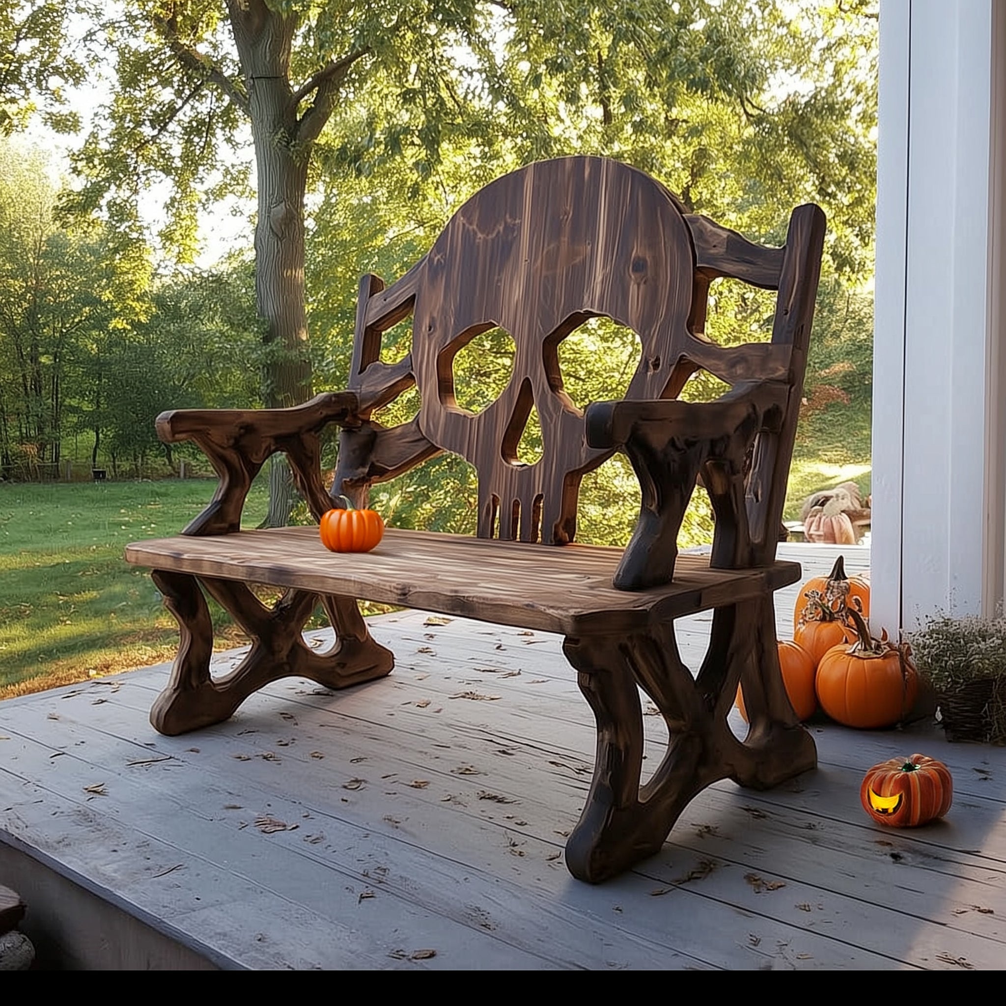 Handcrafted Skull Bench – Halloween Outdoor Wooden Seating for Porch or Garden