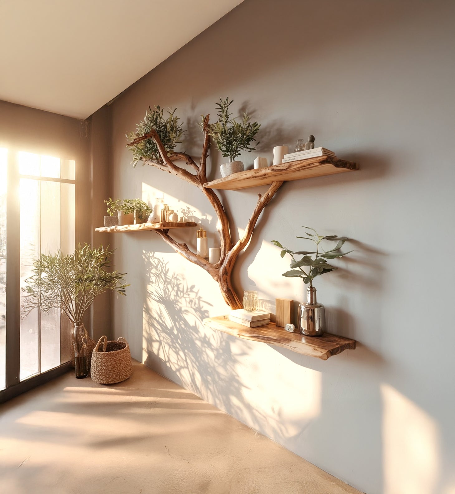 Handcrafted Tree Branch Wall Shelf – Live Edge Wooden Floating Shelf, Rustic Home Decor