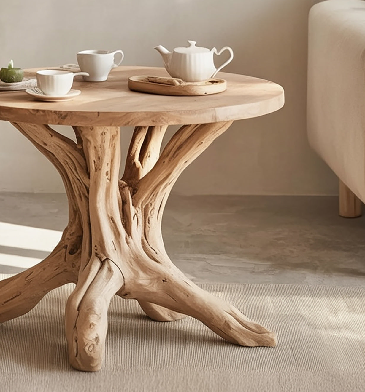 Handcrafted Solid Wood Round End Table – Sculptural Tree Root Base Living Room Table
