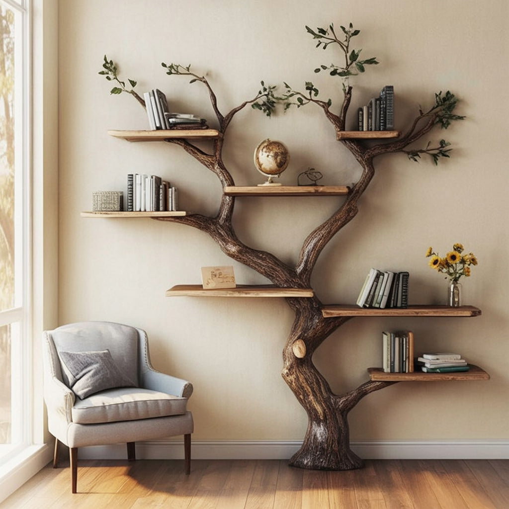 Rustic Tree Shaped Bookshelf – Nature Inspired Wooden Wall Bookcase