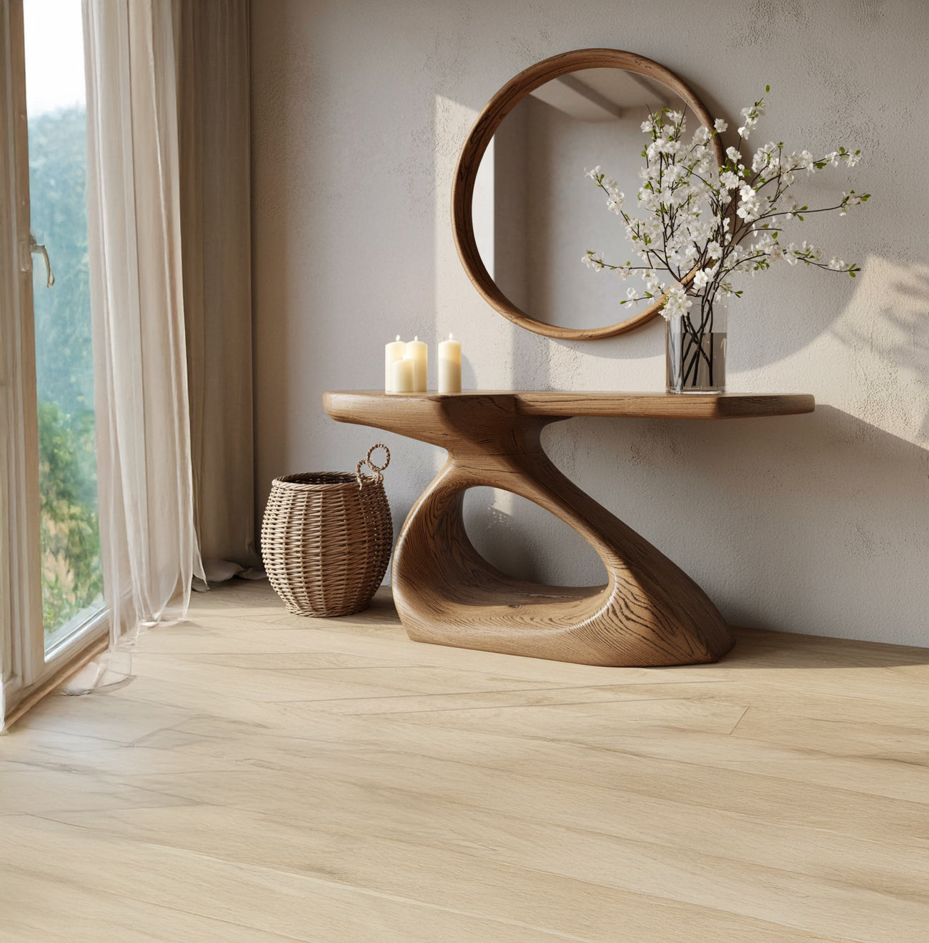 Natural Solid Wood Console Table – Handcrafted Sculptural Entryway Table