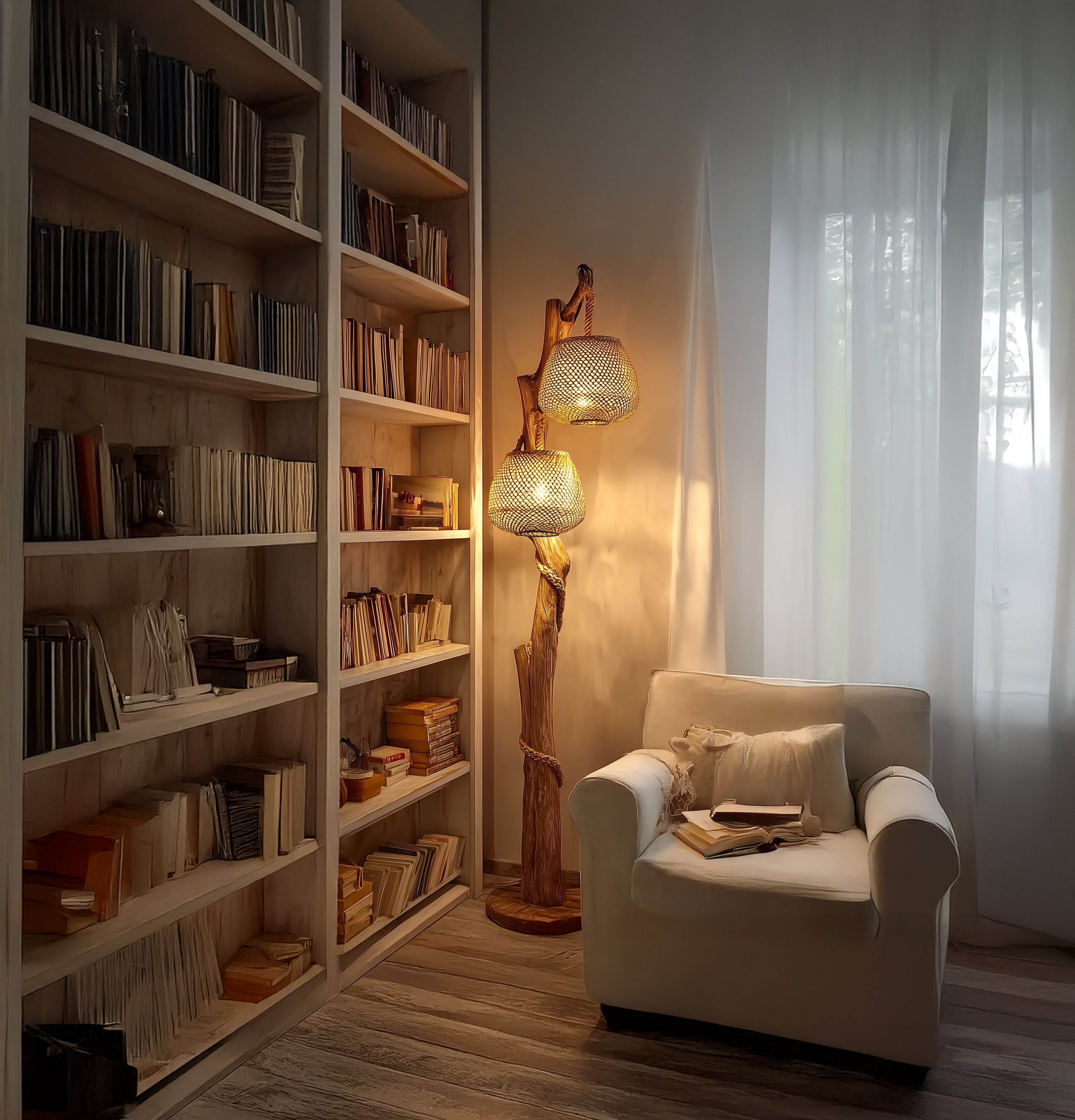 Tree Floor Lamp – Handmade Natural Wood Corner Lamp for Rustic Living Room Décor