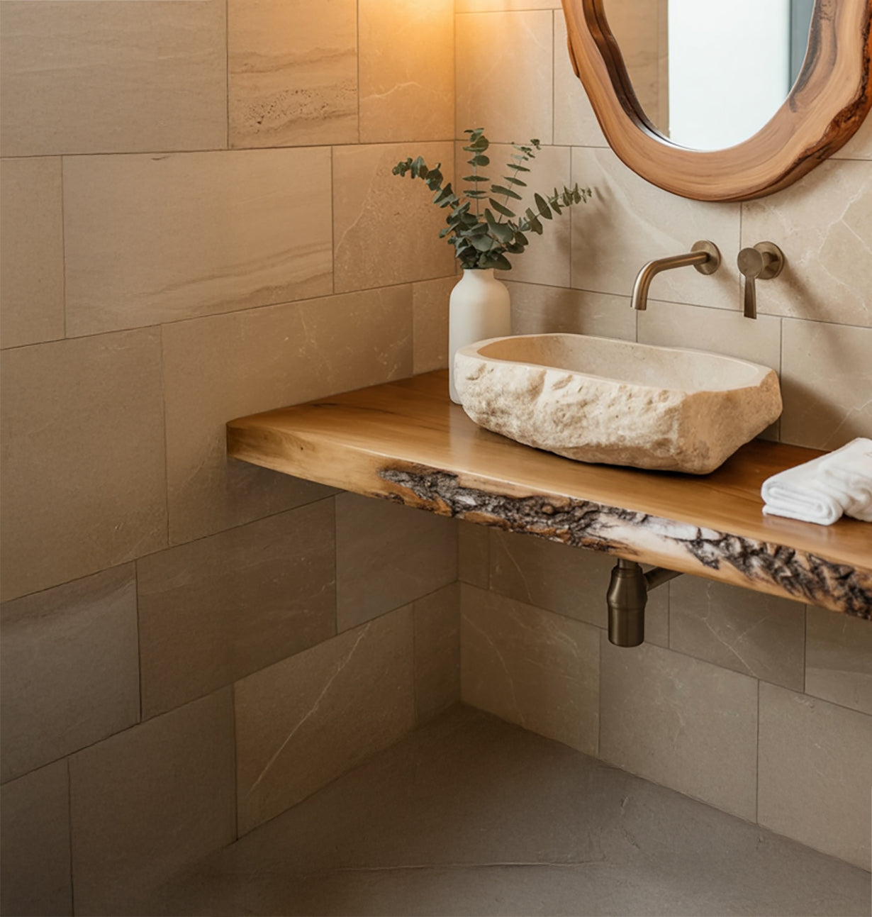 Solid Wood Floating Bathroom Vanity – Rustic Live Edge Handcrafted Sink Shelf