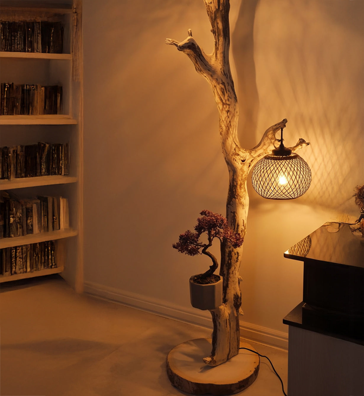 Rustic Driftwood Floor Lamp – Tree Branch Standing Light with Rattan Lampshade, Natural Wooden Lighting